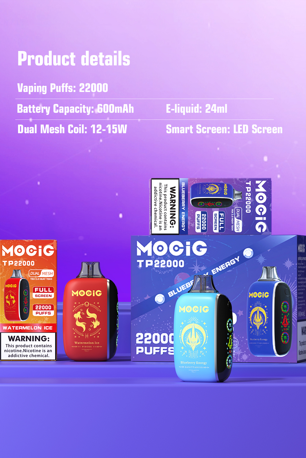 Mocig Disposable Vape TP22000 Big Smart LED Screen 22000 Puffs 24ml E-liqiud Capacity Nicotine 0% 2% 5% Electronic cigarette