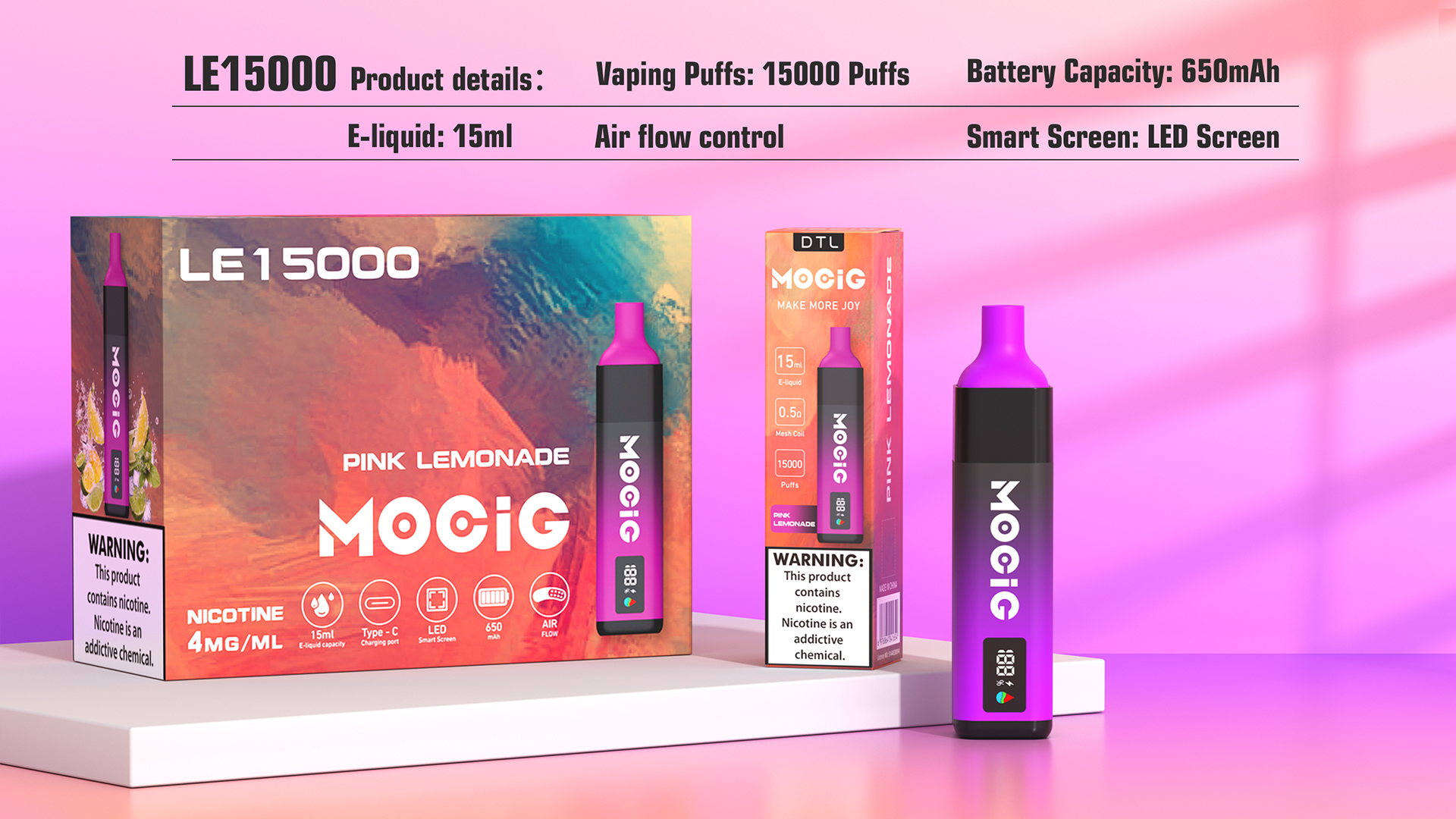 Mocig Disposable Vape DTL LE15000 Smart LED Screen 15000 Puffs Big Somke E-liqiud Capacity Electronic Cigarette