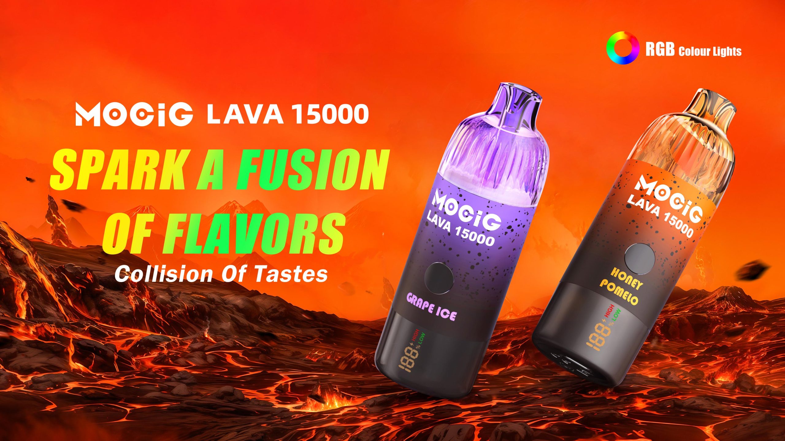 Mocig Disposable Vape  LAVA 15000  LED Screen 15000 Puffs Dual Ceramic Coil Visible E-liquid Tank RGB Colorful Lights Nicotine 2% 5% Electronic cigarette