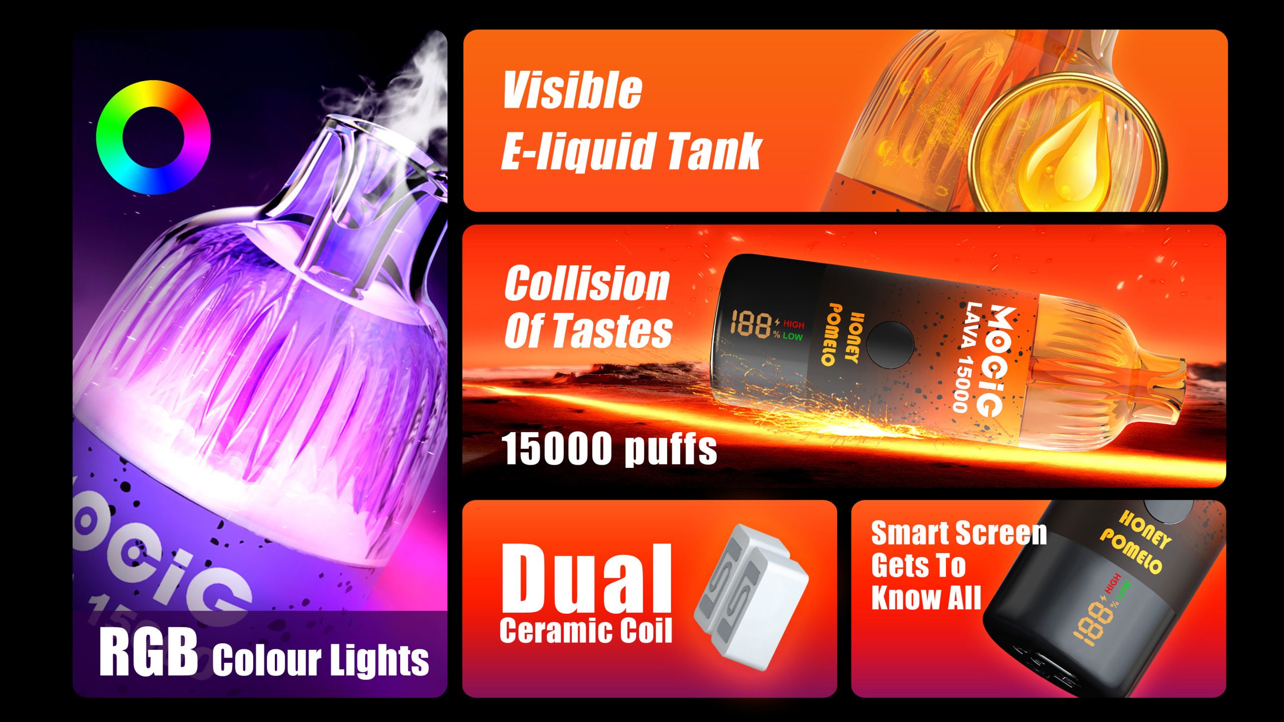 Mocig Disposable Vape  LAVA 15000  LED Screen 15000 Puffs Dual Ceramic Coil Visible E-liquid Tank RGB Colorful Lights Nicotine 2% 5% Electronic cigarette