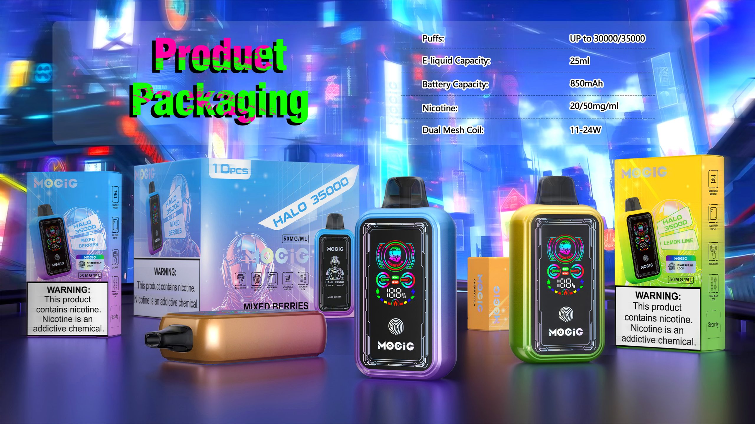 Mocig Disposable Vape HALO 35000 Big Smart LED Touch Screen 35000 Puffs 25ml E-liqiud Capacity Nicotine 0% 2% 5% Electronic cigarette